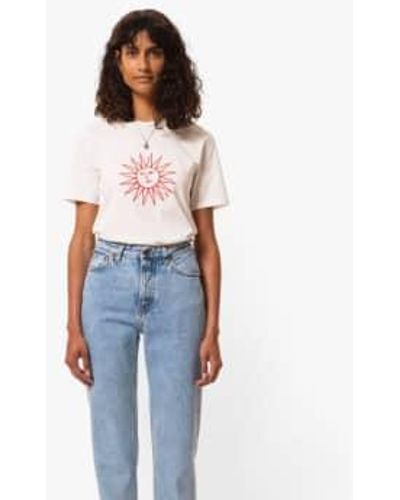 Nudie Jeans Camiseta joni con bordado de sol blanco roto - Azul