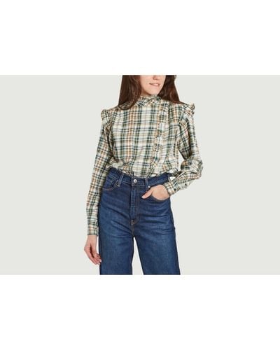 Laurence Bras Sweet Checked Ruffled Cotton And Linen Blouse - Blue