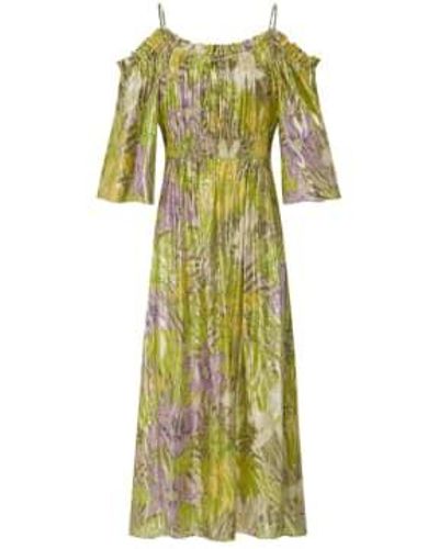 Hayley Menzies Vestido fruncido jacquard con hombros scubiertos y hibisco tropical - Verde