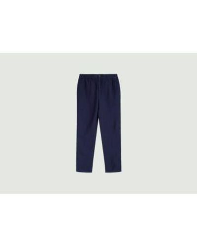 Knowledge Cotton Tapered Pants With Elastic Waistband In Tim Herringbone Linen - Blu