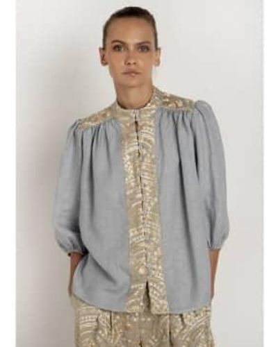 Greek Archaic Kori New Triangle Button Up Puff Sleeve Shirt Col: Light Xs - Grey