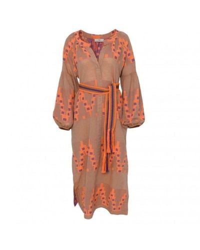 Devotion Twins Korali lang gedrucktes Kleid mit Ballonärmel Beige/Orange