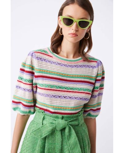 Suncoo Panaca Beige Fancy Striped Sweater - Green