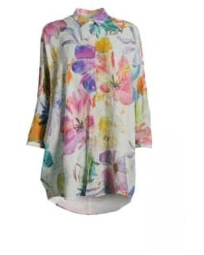120% Lino 120 Linen Floral 3/4 Sleeve High Low Long Shirt Size: Xs, Col: Multi - Multicolour