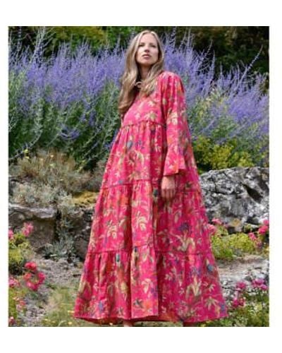 Powell Craft Hot Birds Of Paradise Long Sleeved Cotton Tiered Dress Cotton - Pink