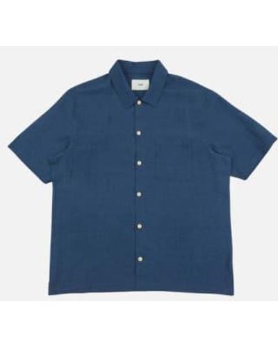 Folk Gabe Shirt Ash Linen Grid - Blue
