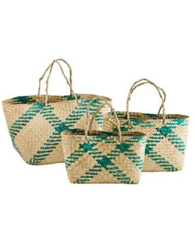 Madam Stoltz Medium Colourful Striped Seagrass Baskets With Handles - Verde
