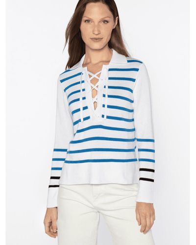 Kinross Cashmere Cashmere Stripe Lace Up Polo Sweater Lssg4-189 - Blue