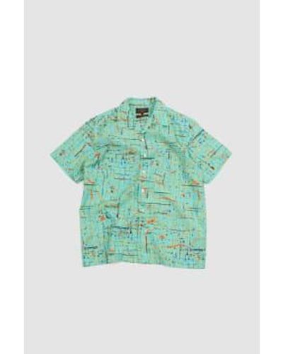 Beams Plus Cotton Rayon Open Collar Print Shirt Mint S - Green