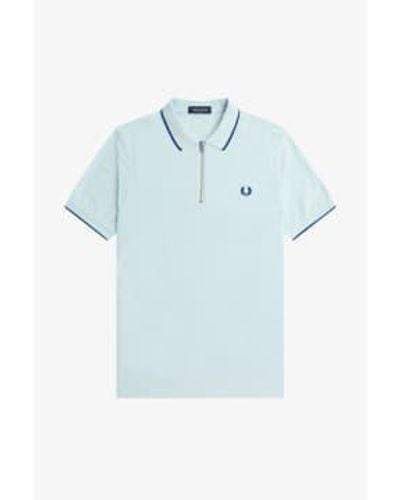 Fred Perry M7729 Crepe Pique Zip Neck Polo Shirt Ice Medium - Blue