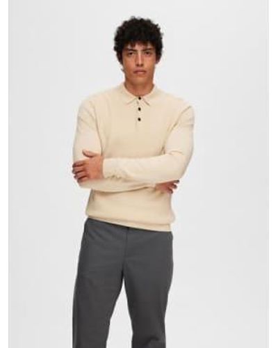 SELECTED R Corner Ls Knit Polo In Oatmeal - Neutro