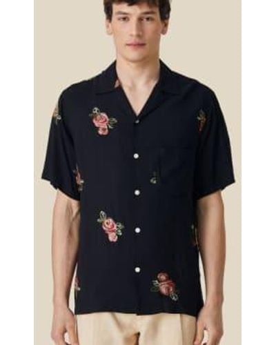 Portuguese Flannel Embroidered Vacation Shirt Roses M - Black
