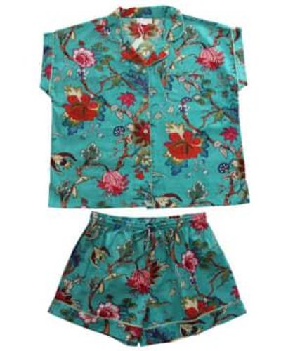 Powell Craft Ladies Exotic Flower Print Cotton Short Pajama Set S/m - Blue