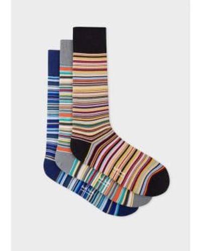 Paul Smith Pack Of 3 Multicolor Classic Stripe Socks Os - Blue