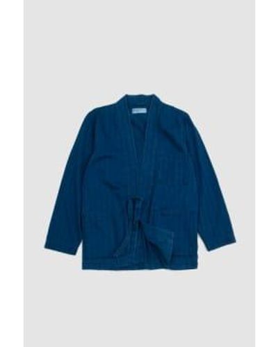 Universal Works Jacke zum binden vorn, gewaschener -fischgräten-denim - Blau