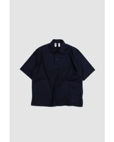 Margaret Howell Offset Placket Polo Textured Cotton Ink - Blu