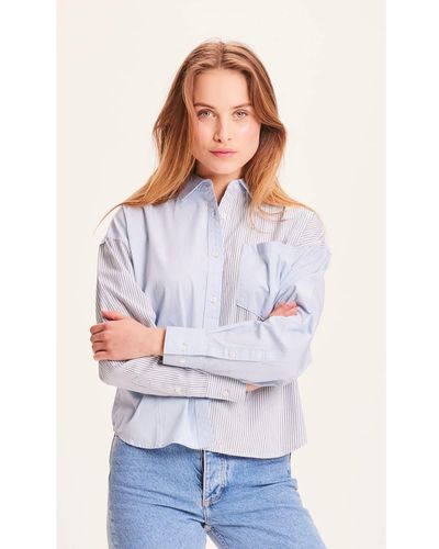 Knowledge Cotton 900034 Aster Mix Stripe Shirt Boxy Shirt Bleu Fog - Blanc