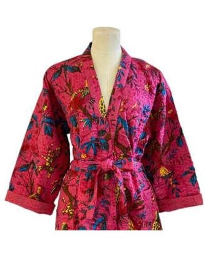 Behotribe  &  Nekewlam Robe Cotton Kantha Birds and Flowers - Rouge