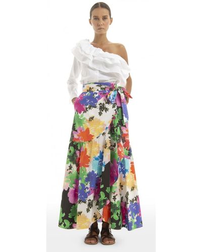 Sara Roka Multi Linen Florals Printed Marzia Tie Waist Frill Hem Skirt - Blue