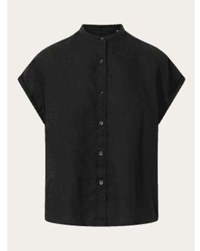 Knowledge Cotton 2090005 Collar Stand Short Sleeve Linen Shirt Jet - Black