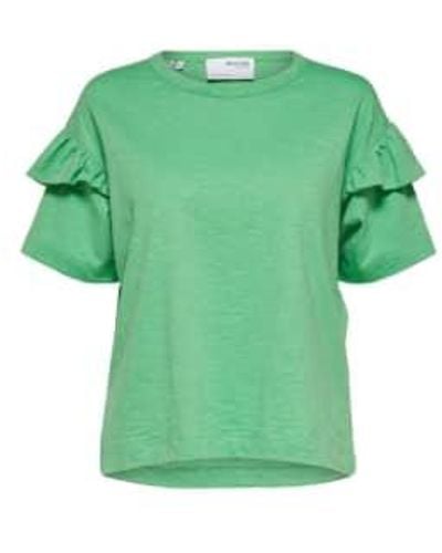 SELECTED Organic Cotton Ruffle T Shirt In Absinth - Verde