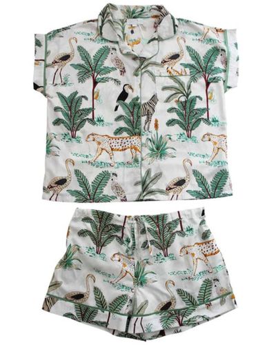 Powell Craft Cream Safari Printed Short Pajama Set With Piping - Green