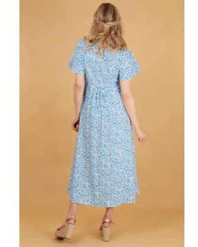 MSH Ditsy Floral Print Short Sleeve Dipped Hem Midi Wrap Dress - Blue
