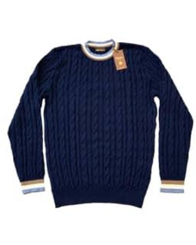 Stenströms Blue Merino Wool Cable Knit Crew Neck With Trim Detail 4201411355190