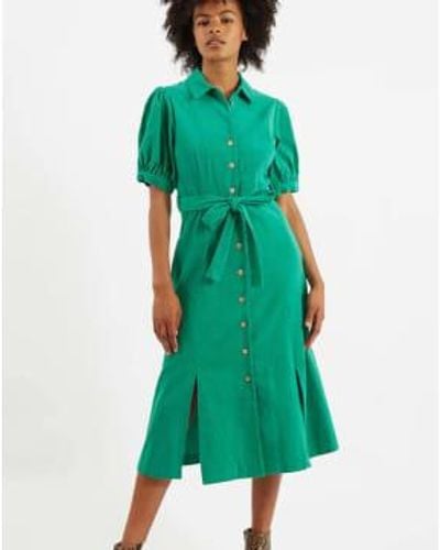 Louche Mollie Baby Cord Puff Sleeve Midi Dress In Emerald - Verde