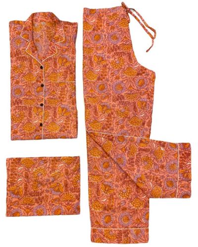Behotribe  &  Nekewlam Pyjama Set Cotton Floral Block Print Apricot - Orange