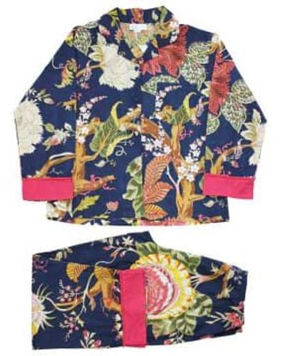 Powell Craft Ladies Carnation Print Cotton Pyjamas S/m - Blue