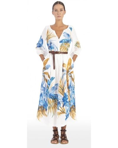 Sara Roka White Blue And Brown Linen Palm Printed Flossie 90 Dress