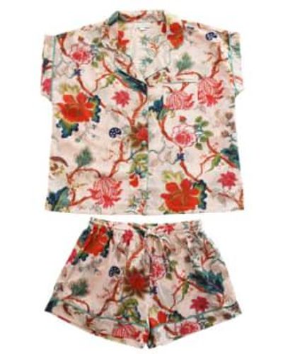 Powell Craft Ladies Exotic Flower Print Cotton Short Pyjama Set S/m - Red