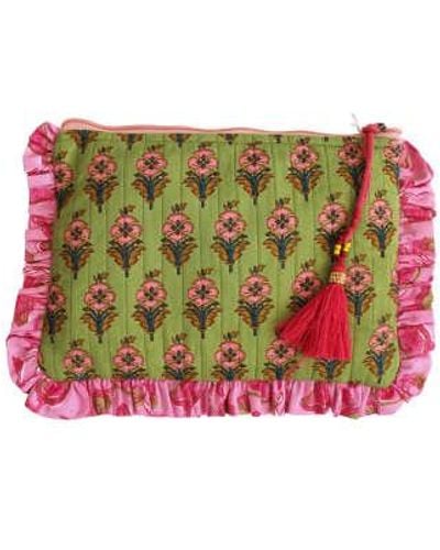 Powell Craft Block Printed & Pink Floral Quilted Make Up Bag Cotton - Green