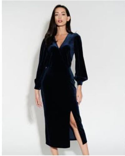 Louche London Karen Velvet Wrap Midi Dress Navy 8 - Black