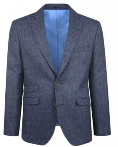 Torre Herringbone Tweed Suit Jacket Navy 44 - Blue