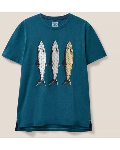 White Stuff Mid Teal Pattern Fish Graphic T Shirt - Blue