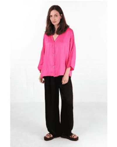 MSH Oversized Button Down Silk Textured Blouse In Hot - Rosa