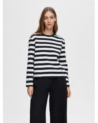 SELECTED Long Sleeved Striped Boxy Tee Dark Sapphire/ S - Blue