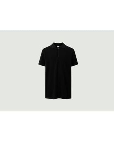 Knowledge Cotton Loose Ribbed Polo Shirt With Zipped Collar S - Black