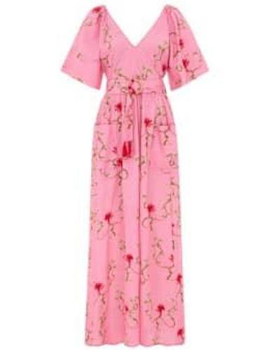 Hayley Menzies Birds Of Utopia Embroidered Kimono Sleeve Cotton V Neck Maxi Dress - Rosa