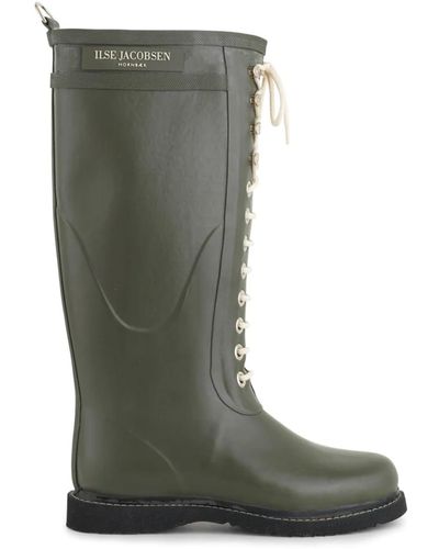 Ilse Jacobsen Long Army Rubber Lace Up Wellington Boots - Green