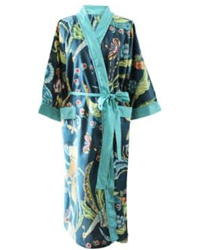 Powell Craft Floral Exotic Bird Print Cotton Dressing Gown - Blu