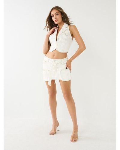 True Religion Sadie Belted Denim Cargo Mini Skirt - White