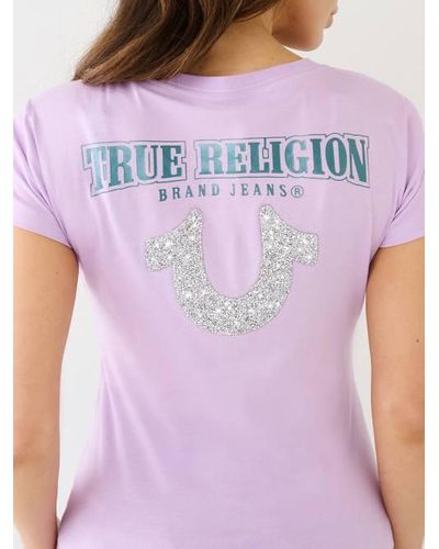 True Religion Crushed Crystal Horeshoe V Neck Tee - Pink