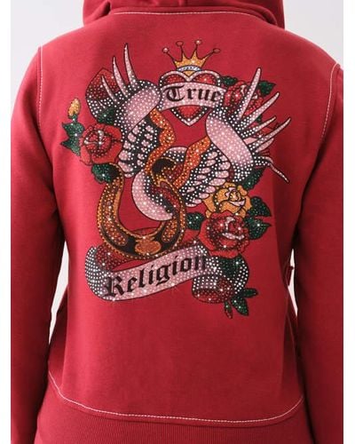 True Religion Rose Crystal Big T Zip Hoodie - Red