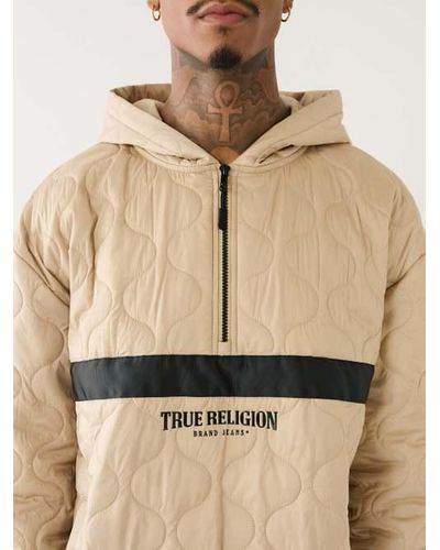 True Religion Tr Logo Quilted Half Zip Hoodie - Natural