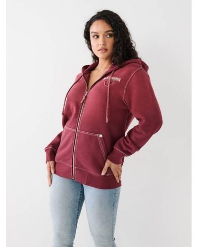 True Religion Big T Logo Zip Relaxed Hoodie - Red