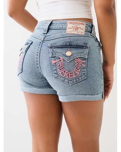 True Religion Jennie Embroidered Mid Rise Short - Blue