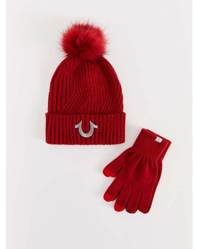 True Religion Pom Pom Beanie And Glove Set - Red